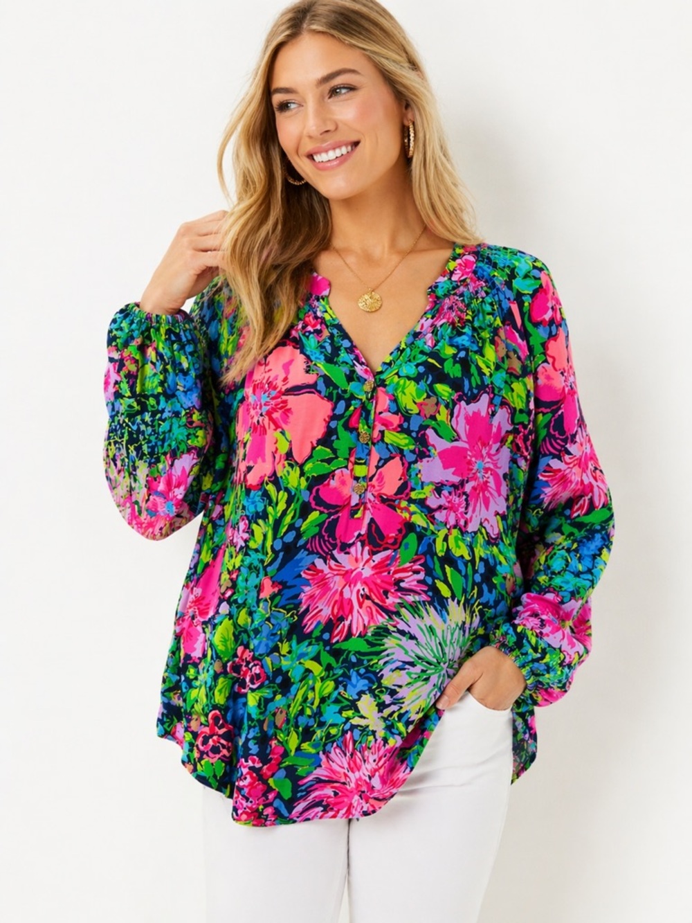 Lilly Pulitzer Silk Floral Blouse XL Navy Pink Tropical Tunic Top